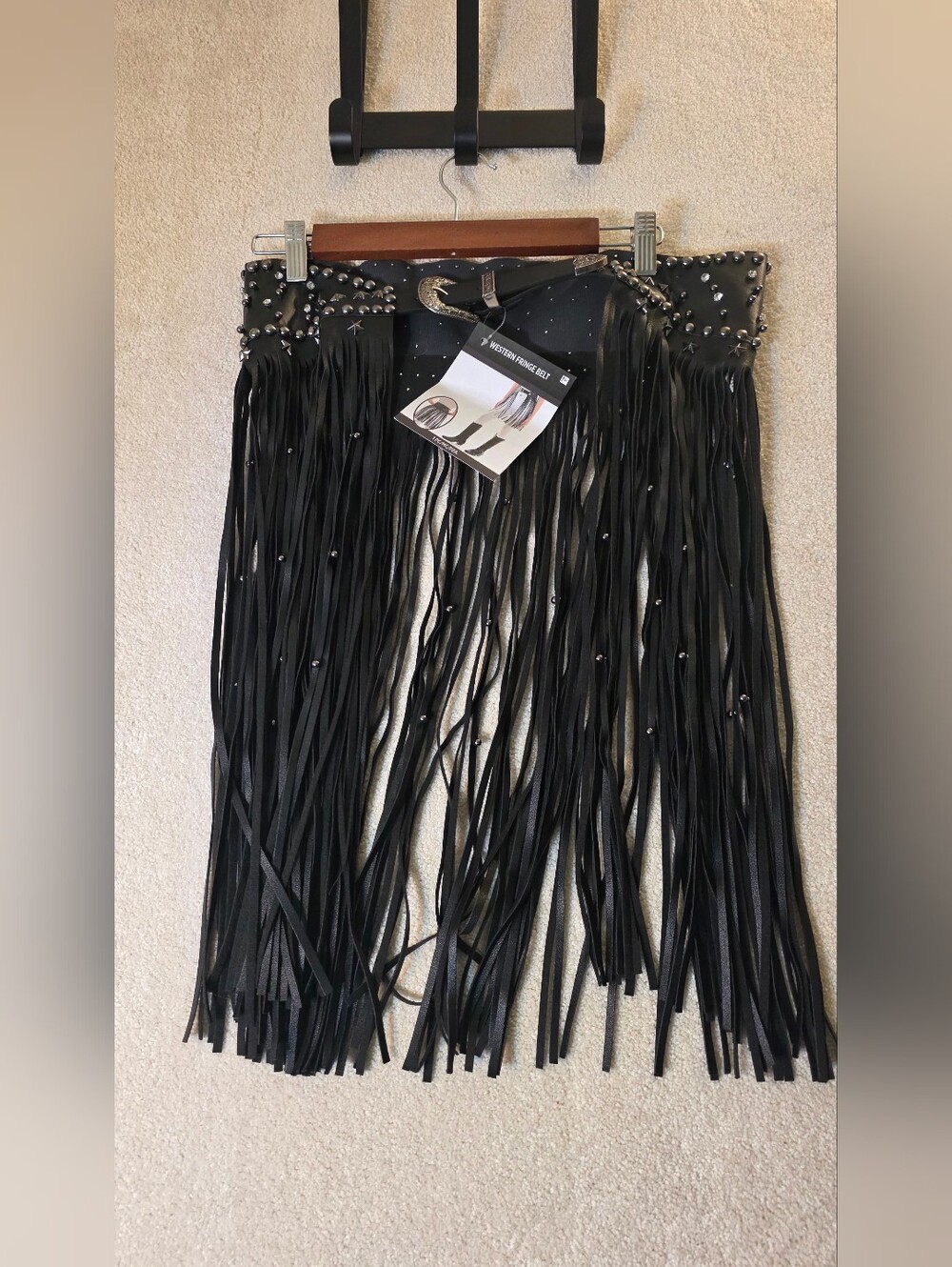 Long Faux Leather Black Studded Fringe Belt Western Boho Festival Punk OS NWT